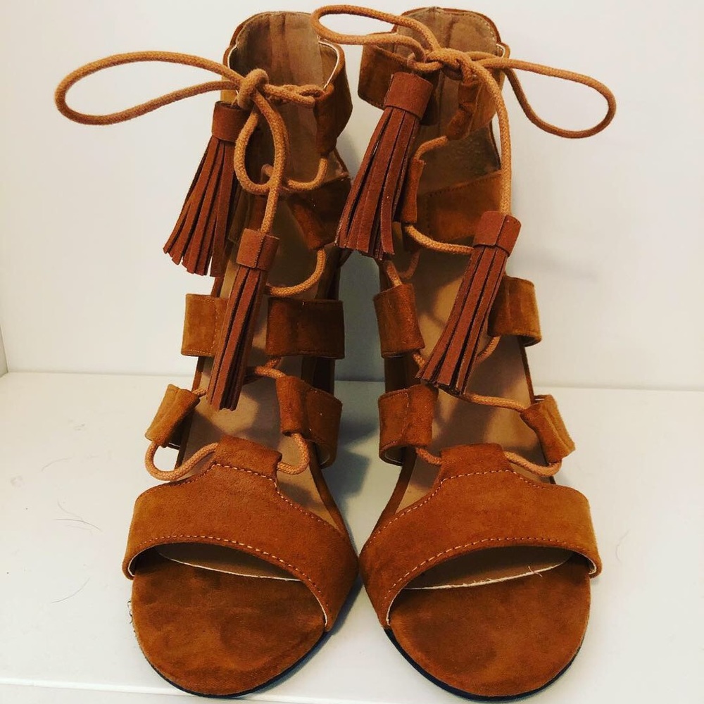 Justfab lace up cognac tassel heels